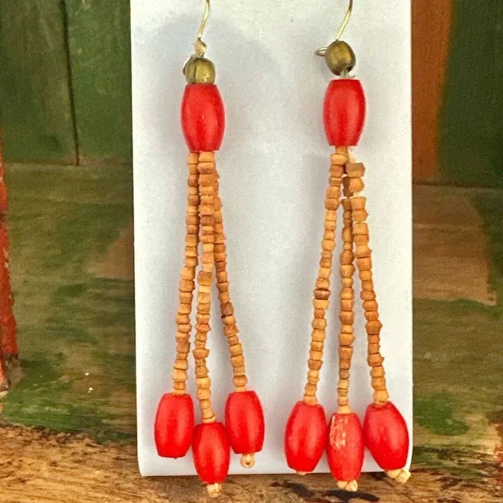 Handcrafted Boho Red & Wood Beaded Dangle Earrings